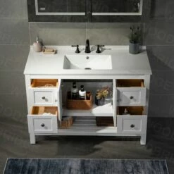 Sydney 48" Inch Solid Wood Bathroom Vanity With White Solid Surface Vanity Top 8" Faucet Holes| 2 Soft Closing Doors And 4 Full Extension Solid Wood Dovetail Drawers | White Vanity Color | -Woodbridgebath Shop 5f8410ffacbfc thumb 600x600