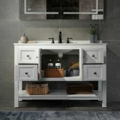 Sydney 48" Inch Solid Wood Bathroom Vanity With White Solid Surface Vanity Top 8" Faucet Holes| 2 Soft Closing Doors And 4 Full Extension Solid Wood Dovetail Drawers | White Vanity Color | -Woodbridgebath Shop 5f84110b5bfc8 thumb 600x600