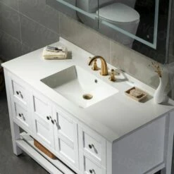 Sydney 48" Inch Solid Wood Bathroom Vanity With White Solid Surface Vanity Top 8" Faucet Holes| 2 Soft Closing Doors And 4 Full Extension Solid Wood Dovetail Drawers | White Vanity Color | -Woodbridgebath Shop 5f84110c493cb thumb 600x600