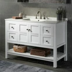 Sydney 48" Inch Solid Wood Bathroom Vanity With White Solid Surface Vanity Top 8" Faucet Holes| 2 Soft Closing Doors And 4 Full Extension Solid Wood Dovetail Drawers | White Vanity Color | -Woodbridgebath Shop 5f8411103f094 thumb 600x600