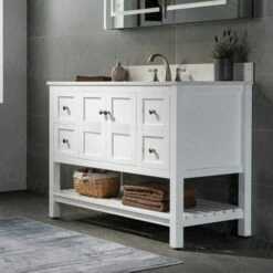 Sydney 48"Bathroom Vanity With Engineered Marble White Carrara Color Top 8" Faucet Holes | Rectangle Undermount Sink |2 Soft Closing Doors And 4 Full Extension Dovetail Drawers |White Vanity Color | -Woodbridgebath Shop 5f841a8e0b67e thumb 600x600