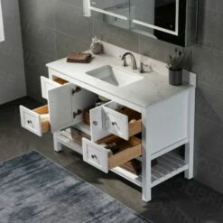 Sydney 48"Bathroom Vanity With Engineered Marble White Carrara Color Top 8" Faucet Holes | Rectangle Undermount Sink |2 Soft Closing Doors And 4 Full Extension Dovetail Drawers |White Vanity Color | -Woodbridgebath Shop 5f841a9000a57 thumb 600x600