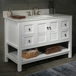 Sydney 48"Bathroom Vanity With Engineered Marble White Carrara Color Top 8" Faucet Holes | Rectangle Undermount Sink |2 Soft Closing Doors And 4 Full Extension Dovetail Drawers |White Vanity Color | -Woodbridgebath Shop 5f841a90bf021 thumb 600x600