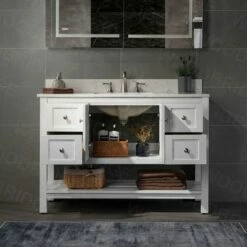 Sydney 48"Bathroom Vanity With Engineered Marble White Carrara Color Top 8" Faucet Holes | Rectangle Undermount Sink |2 Soft Closing Doors And 4 Full Extension Dovetail Drawers |White Vanity Color | -Woodbridgebath Shop 5f841a90e042d thumb 600x600