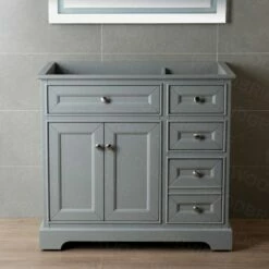 WOODBRIDGE London 36" Inch Solid Wood Bathroom Vanity Base Only | 2 Soft Closing Doors And 3 Full Extension Solid Wood Dovetail Drawers |3 Drawers On The Right| Grey Vanity Color |