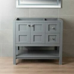 Sydney 36" Inch Solid Wood Bathroom Vanity Base Only | 2 Soft Closing Doors And 2 Full Extension Solid Wood Dovetail Drawers |Two Drawers On The Right| Grey Vanity Color |
