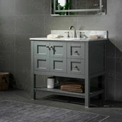 Sydney 36" Bathroom Vanity With Authentic Italian Carrara Marble Top 8" Faucet Holes | Rectangle Undermount Sink | 2 Soft Closing Doors And 2 Full Extension Dovetail Drawers |Two Drawers On The Right -Woodbridgebath Shop 5f8664e8def61 thumb 600x600