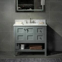 Sydney 36" Bathroom Vanity With Authentic Italian Carrara Marble Top 8" Faucet Holes | Rectangle Undermount Sink | 2 Soft Closing Doors And 2 Full Extension Dovetail Drawers |Two Drawers On The Right -Woodbridgebath Shop 5f8664e9ac609 thumb 600x600