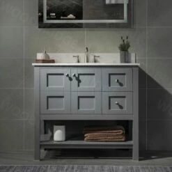 Sydney 36"Bathroom Vanity With Engineered Marble White Carrara Color Top 8"faucet Holes |Rectangle Undermount Sink |2 Soft Closing Doors And 2 Full Extension Dovetail Drawers |Two Drawers On The Right