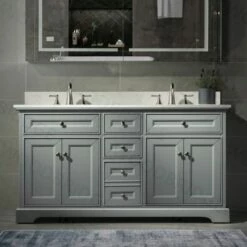 WOODBRIDGE London 60"Bathroom Vanity With Engineered Marble White Carrara Color Top 8" Faucet Holes|Double Rectangle Undermount Sinks|4 Soft Closing Doors And 3 Full Extension Dovetail Drawers|Grey Vanity Color