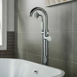 WOODBRIDGE F0002CHVT Fusion Single Handle Floor Mount Freestanding Tub Filler Faucet With Telephone Hand Shower In Polished Chrome Finish. -Woodbridgebath Shop 5fab47b7898a8 thumb 600x600