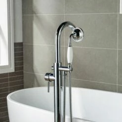 WOODBRIDGE F0002CHVT Fusion Single Handle Floor Mount Freestanding Tub Filler Faucet With Telephone Hand Shower In Polished Chrome Finish. -Woodbridgebath Shop 5fab47c0604bf thumb 600x600