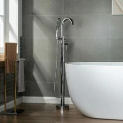 WOODBRIDGE F0002CHSQ Fusion Single Handle Floor Mount Freestanding Tub Filler Faucet With Square Shape Comfort Grip Hand Shower In Polished Chrome Finish. -Woodbridgebath Shop 5fab4ad3c749e thumb 600x600