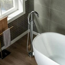 WOODBRIDGE F0002CHSQ Fusion Single Handle Floor Mount Freestanding Tub Filler Faucet With Square Shape Comfort Grip Hand Shower In Polished Chrome Finish. -Woodbridgebath Shop 5fab4ad548157 thumb 600x600