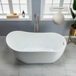 WOODBRIDGE 59" Acrylic Freestanding Bathtub Contemporary Soaking Tub With Brushed Nickel Overflow And Drain BTA1530, White