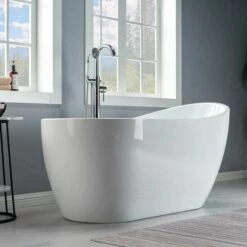 WOODBRIDGE 59" Acrylic Freestanding Bathtub Contemporary Soaking Tub With Brushed Nickel Overflow And Drain BTA1530, White -Woodbridgebath Shop 5fb38d1606a73 thumb 600x600