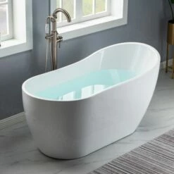 WOODBRIDGE 59" Acrylic Freestanding Bathtub Contemporary Soaking Tub With Brushed Nickel Overflow And Drain BTA1530, White -Woodbridgebath Shop 5fb38d1625514 thumb 600x600