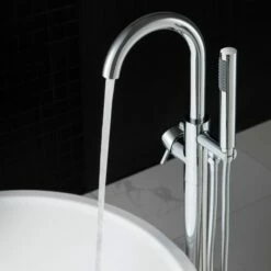 WOODBRIDGE F0024CHRD Contemporary Single Handle Floor Mount Freestanding Tub Filler Faucet With Cylinder Shape Hand Shower In Polished Chrome Finish. -Woodbridgebath Shop 60472c2a54780 thumb 600x600