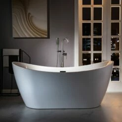 WOODBRIDGE F0024CHSQ Fusion Single Handle Floor Mount Freestanding Tub Filler Faucet With Square Comfort Grip Hand Shower In Polished Chrome Finish. -Woodbridgebath Shop 6047315542e10 thumb 600x600