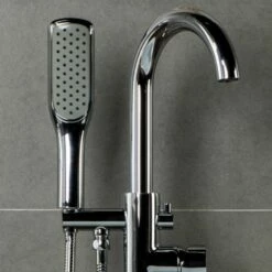 WOODBRIDGE F0024CHSQ Fusion Single Handle Floor Mount Freestanding Tub Filler Faucet With Square Comfort Grip Hand Shower In Polished Chrome Finish. -Woodbridgebath Shop 60473159040ba thumb 600x600