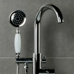 WOODBRIDGE F0024CHVT Fusion Single Handle Floor Mount Freestanding Tub Filler Faucet With Telephone Hand Shower In Polished Chrome Finish. -Woodbridgebath Shop 604735627df7b thumb 600x600