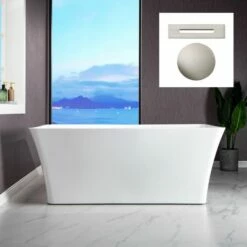 WOODBRIDGE 59" Acrylic Freestanding Bathtub Contemporary Soaking Tub With Brushed Nickel Overflow And Drain,White Tub,B-1509-B/N-Drain&O