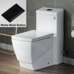 WOODBRIDGE Modern Square Design One Piece Dual Flush 1.28 GP Toilet,Chair Height With Soft Closing Seat, Matte Black Button B0920-MB, White
