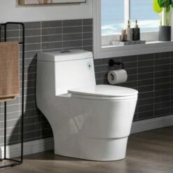 WOODBRIDGEE One Piece Toilet With Soft Closing Seat, Chair Height, 1.28 GPF Dual, Water Sensed, 1000 Gram MaP Flushing Score Toilet With Brushed Nickel Button T0001-BN, White -Woodbridgebath Shop 607e9b1ea5c52 thumb 600x600