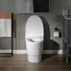WOODBRIDGEE One Piece Toilet With Soft Closing Seat, Chair Height, 1.28 GPF Dual, Water Sensed, 1000 Gram MaP Flushing Score Toilet With Brushed Nickel Button T0001-BN, White -Woodbridgebath Shop 607e9b21afd14 thumb 600x600