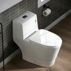 WOODBRIDGEE One Piece Toilet With Soft Closing Seat, Chair Height, 1.28 GPF Dual, Water Sensed, 1000 Gram MaP Flushing Score Toilet With Oil Rubbed Bronze Button T0001-ORB, White -Woodbridgebath Shop 6080f297e6ce3 thumb 600x600