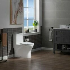 WOODBRIDGE One Piece Short Compact Bathroom Tiny Mini Commode Water Closet Dual Flush Concealed Trapway, Brushed Nickel Button B0500-B/N, White -Woodbridgebath Shop 608104f3d9ff3 thumb 600x600