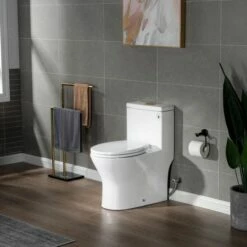 WOODBRIDGE One Piece Short Compact Bathroom Tiny Mini Commode Water Closet Dual Flush Concealed Trapway, Brushed Gold Button B0500-BG, White -Woodbridgebath Shop 60810858e1faa thumb 600x600