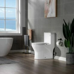 WOODBRIDGE One Piece Short Compact Bathroom Tiny Mini Commode Water Closet Dual Flush Concealed Trapway, Brushed Gold Button B0500-BG, White -Woodbridgebath Shop 6081086b004b6 thumb 600x600