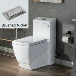 WOODBRIDGE Modern Square Design One Piece Dual Flush 1.28 GP Toilet,Chair Height With Soft Closing Seat, Brushed Nickel Button B0920-B/N, White