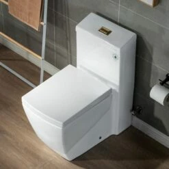 WOODBRIDGE Modern Square Design One Piece Dual Flush 1.28 GP Toilet,Chair Height With Soft Closing Seat, Brushed Gold Button B0920-BG, White -Woodbridgebath Shop 608232602d73f thumb 600x600