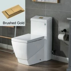 WOODBRIDGE Modern Square Design One Piece Dual Flush 1.28 GP Toilet,Chair Height With Soft Closing Seat, Brushed Gold Button B0920-BG, White