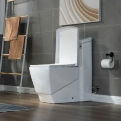 WOODBRIDGE Modern Square Design One Piece Dual Flush 1.28 GP Toilet,Chair Height With Soft Closing Seat, Oil Rubbed Bronze Button B0920-ORB, White -Woodbridgebath Shop 60823455547eb thumb 600x600