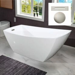 WOODBRIDGE 67" Acrylic Freestanding Bathtub Contemporary Soaking Tub With Brushed Nickel Overflow And Drain,White Tub,B-1608-B/N-Drain&O