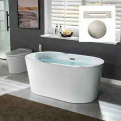WOODBRIDGE BTA0088 56" Acrylic Freestanding Bathtub Contemporary Soaking Tub With Brushed Nickel Overflow And Drain