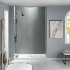 Best Seller WOODBRIDGE Solid Surface 3-Panel Shower Wall Kit, 36-in L X 60-in W X 96-in H, Stacked Block In A Staggered Vertical Pattern. Matte Grey Finish