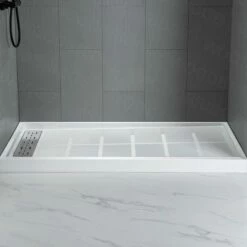 Best Seller WOODBRIDGE Solid Surface 3-Panel Shower Wall Kit, 36-in L X 60-in W X 96-in H, Stacked Block In A Staggered Vertical Pattern. Matte Grey Finish -Woodbridgebath Shop 60adfa02078e9 thumb 600x600