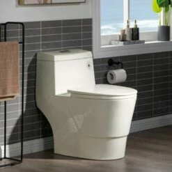 WOODBRIDGEE One Piece Toilet With Soft Closing Seat, Chair Height, 1.28 GPF Dual, Water Sensed, 1000 Gram MaP Flushing Score Toilet, B0942, Biscuit