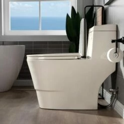 WOODBRIDGEE One Piece Toilet With Soft Closing Seat, Chair Height, 1.28 GPF Dual, Water Sensed, 1000 Gram MaP Flushing Score Toilet, B0942, Biscuit -Woodbridgebath Shop 60c01364a0135 thumb 600x600