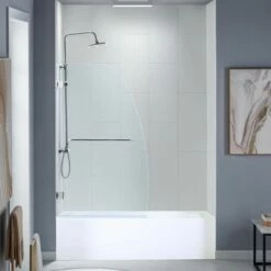 WOODBRIDGE MTDB3458-B, Frameless Hinged Bathtub Shower, 5/16" Tempered Panel, 34" W X 58" H Tub Glass Door In Brushed Nickel Finish, Include Towel Bar