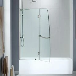 WOODBRIDGE MTDB4958-B, Frameless Hinged Bathtub Shower, 5/16" Tempered Panel, 48-3/8" W X 58" H Tub Glass Door In Brushed Nickel Finish, Include Support Bar