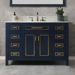 WOODBRIDGE Milan 49” Floor Mounted Single Basin Vanity Set With Solid Wood Cabinet In Navy Blue And Engineered Stone Composite Vanity Top In Carrara White With Pre-installed Undermount Rectangle Bathroom Sink And Pre-Drilled 3-Hole For 8-inch Widespread -Woodbridgebath Shop 60d2a78c4c020 thumb 600x600