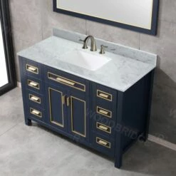 WOODBRIDGE Milan 49” Floor Mounted Single Basin Vanity Set With Solid Wood Cabinet In Navy Blue, And Carrara White Marble Vanity Top With Pre-installed Undermount Rectangle Bathroom Sink In White, Pre-Drilled 3-Hole For 8-inch Widespread Faucet -Woodbridgebath Shop 60d2aa3e54f88 thumb 600x600