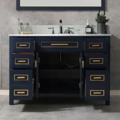 WOODBRIDGE Milan 49” Floor Mounted Single Basin Vanity Set With Solid Wood Cabinet In Navy Blue, And Carrara White Marble Vanity Top With Pre-installed Undermount Rectangle Bathroom Sink In White, Pre-Drilled 3-Hole For 8-inch Widespread Faucet -Woodbridgebath Shop 60d2aa3fc48c7 thumb 600x600
