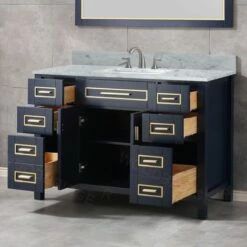 WOODBRIDGE Milan 49” Floor Mounted Single Basin Vanity Set With Solid Wood Cabinet In Navy Blue, And Carrara White Marble Vanity Top With Pre-installed Undermount Rectangle Bathroom Sink In White, Pre-Drilled 3-Hole For 8-inch Widespread Faucet -Woodbridgebath Shop 60d2aa3fe583a thumb 600x600