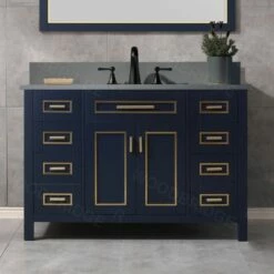 WOODBRIDGE Milan 49” Floor Mounted Single Basin Vanity Set With Solid Wood Cabinet In Navy Blue And Engineered Stone Composite Vanity Top In Dark Gray With Pre-installed Undermount Rectangle Bathroom Sink And Pre-Drilled 3-Hole For 8-inch Widespread Fauc